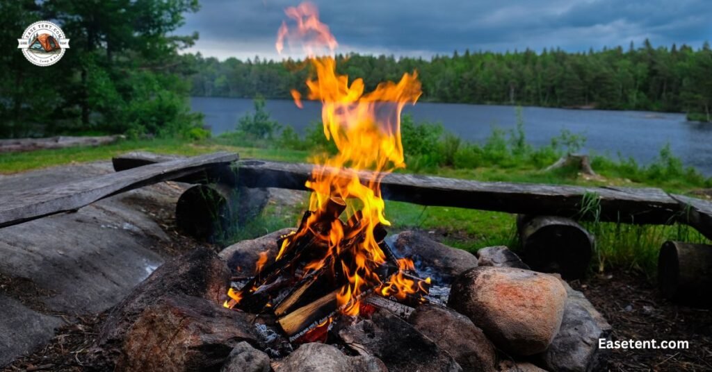 Campfire and cooking during forest camping